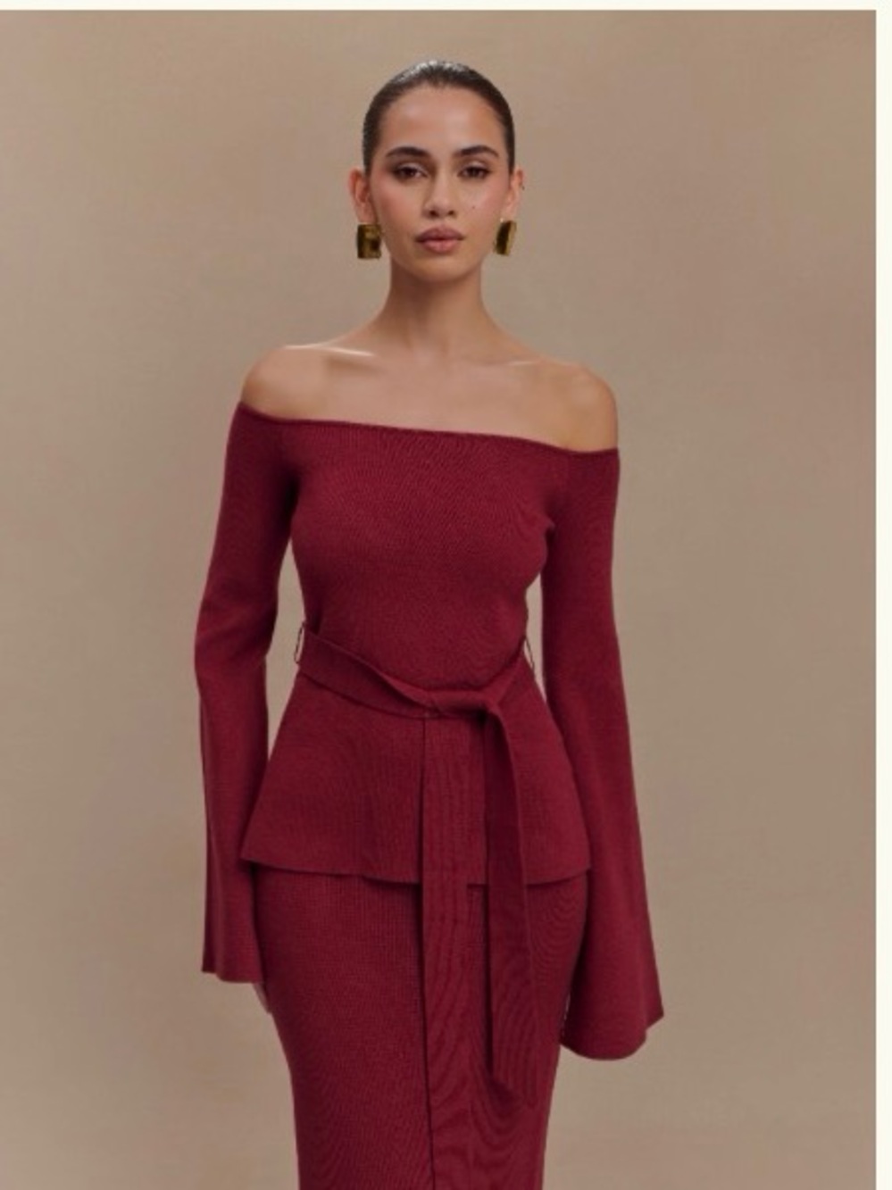 Meshki Wine Ribbed Knit Wrap Top and Maxi Skirt Set